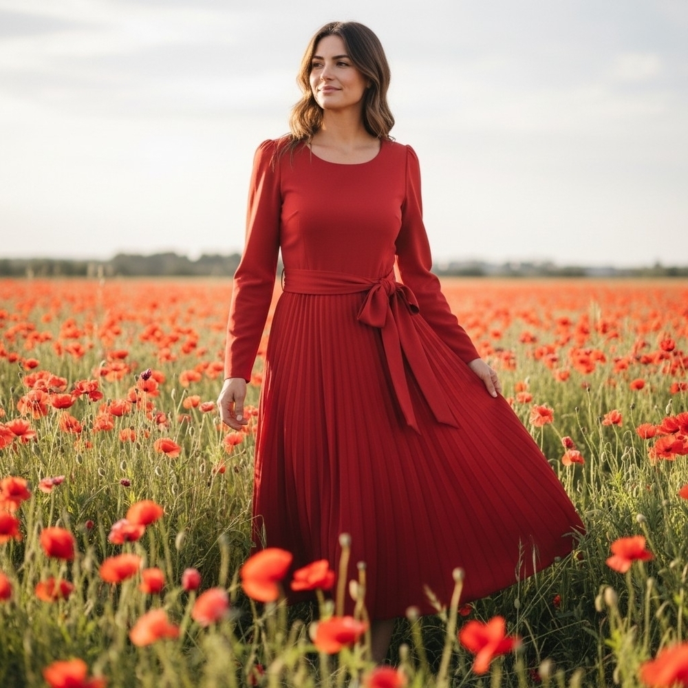 Vintage Poppy Red Pleated Dress with Bow Belt